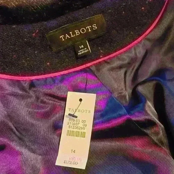 Talbots Navy Blue Wool Knit Blend Black Faux-Fur Trim Shetland Jacket Si… - Picture 12 of 16